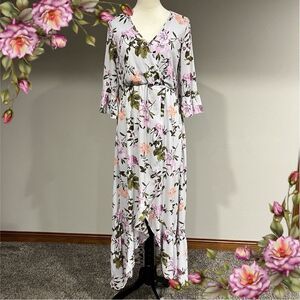 Pink Lily fake wrap v-neck floral print short sleeve hi-low dress